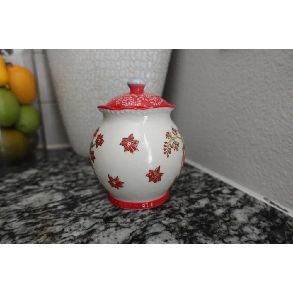 Dutch Wax Coastline‎ Imports Red Floral Handpainted Ceramic Sugar Bowl with Lid